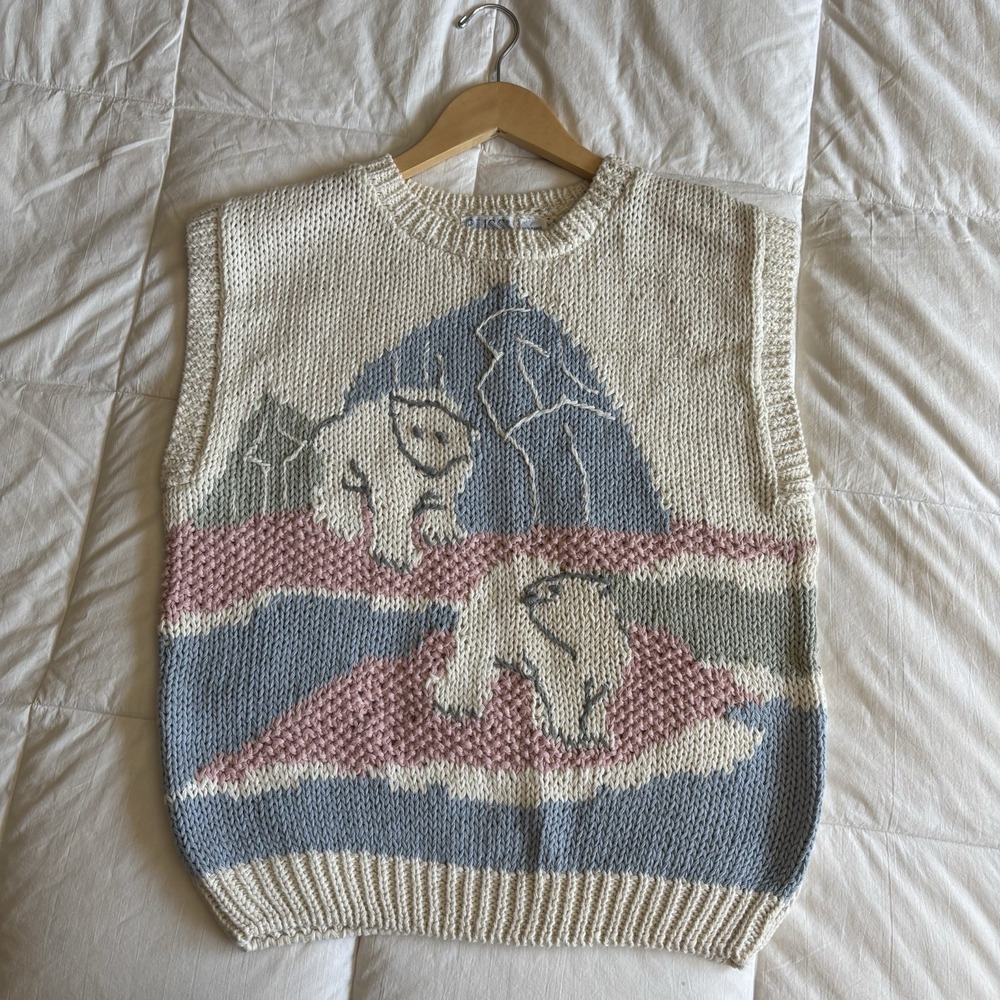 Vtg 80s Russ Studio Sweater Vest Polar Bear Womens S Pastel Winter Cabincore Ski